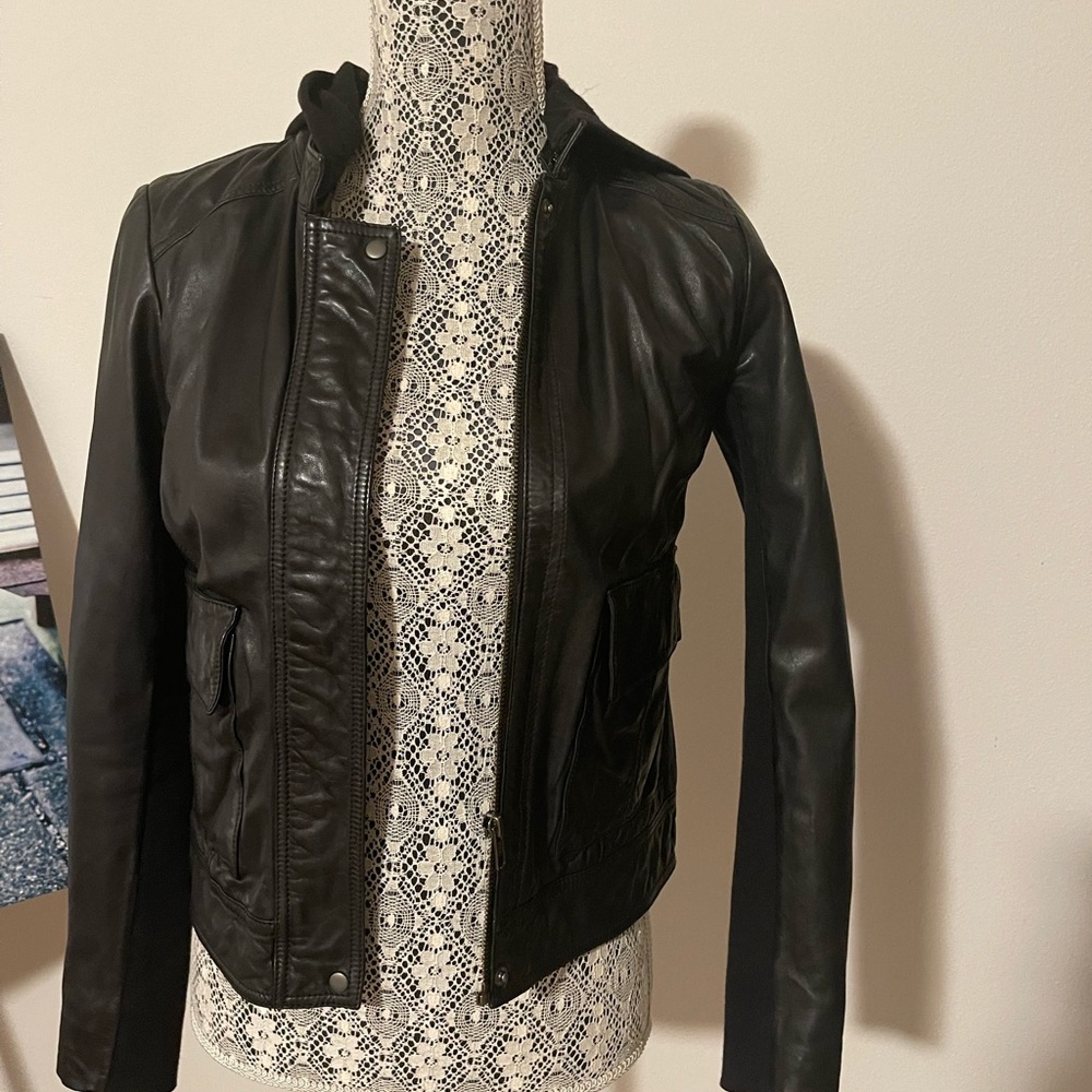 Leather jacket with hoody